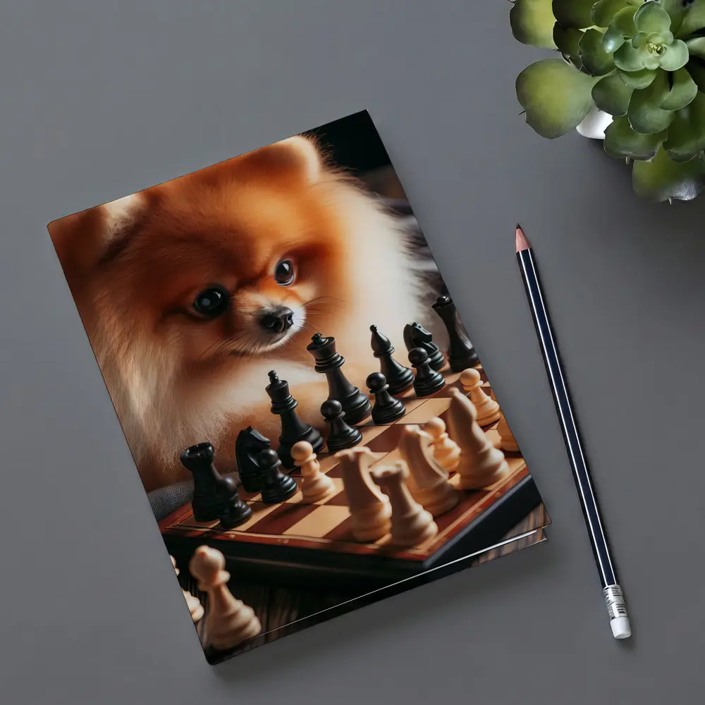 Pomeranian Dog Playing Chess on Wood – Notebooks