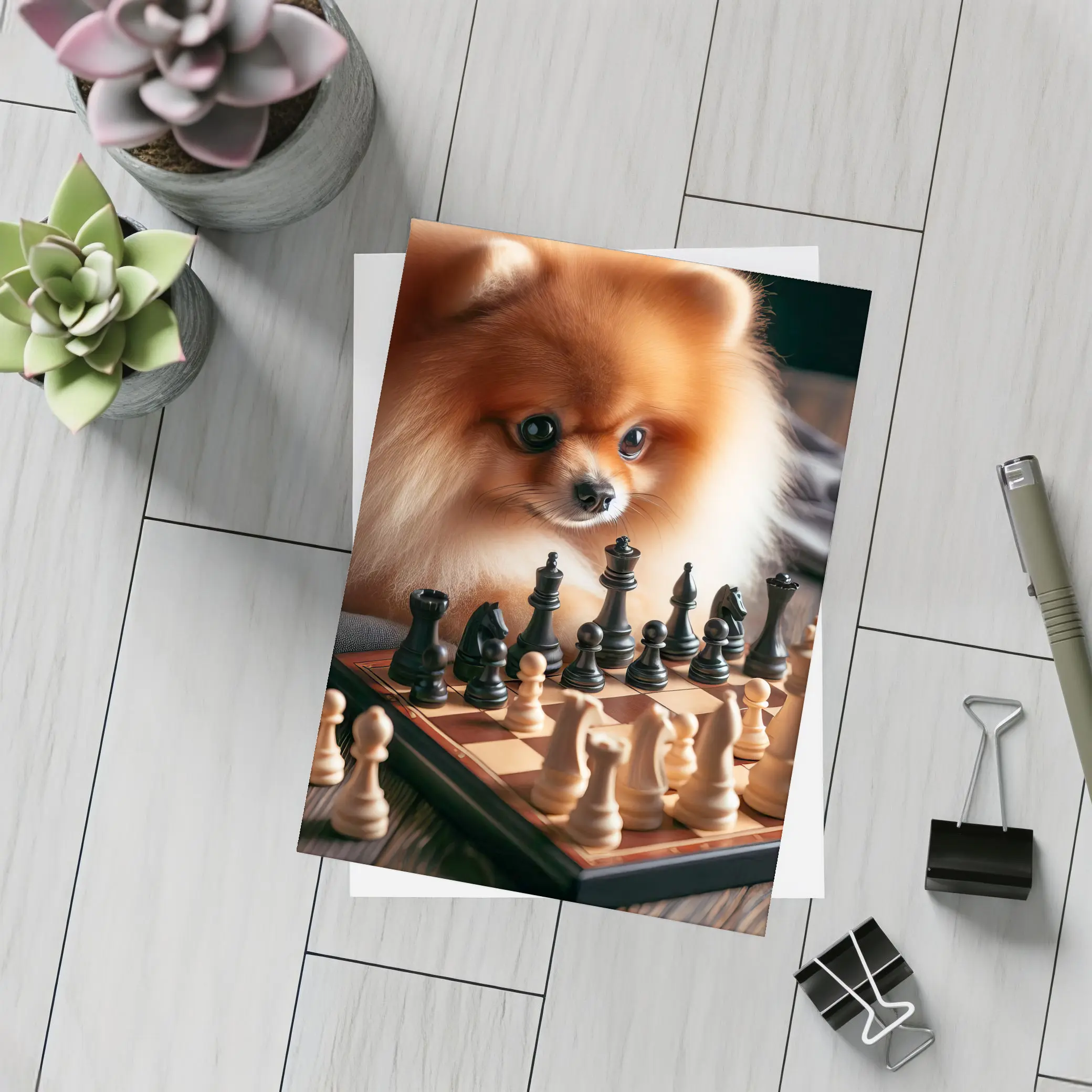 Pomeranian Dog Playing Chess on Wood – Postcards