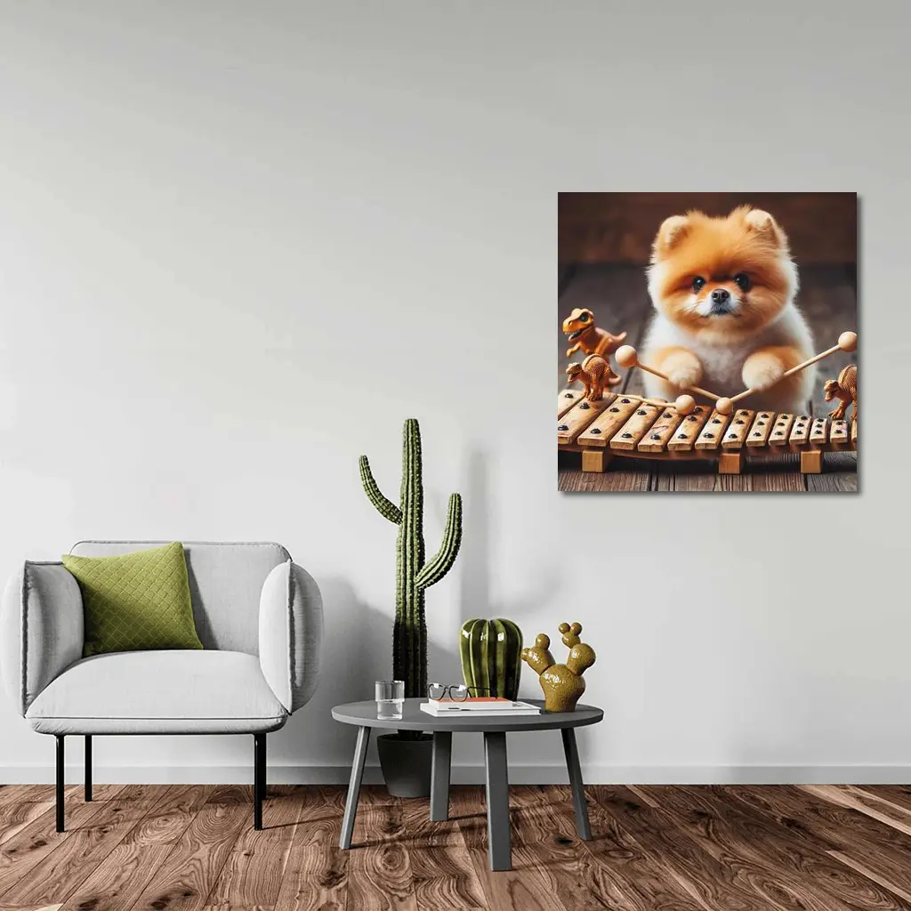Pomeranian Playing Xylophone With Dinosaur Toys – Wall Art
