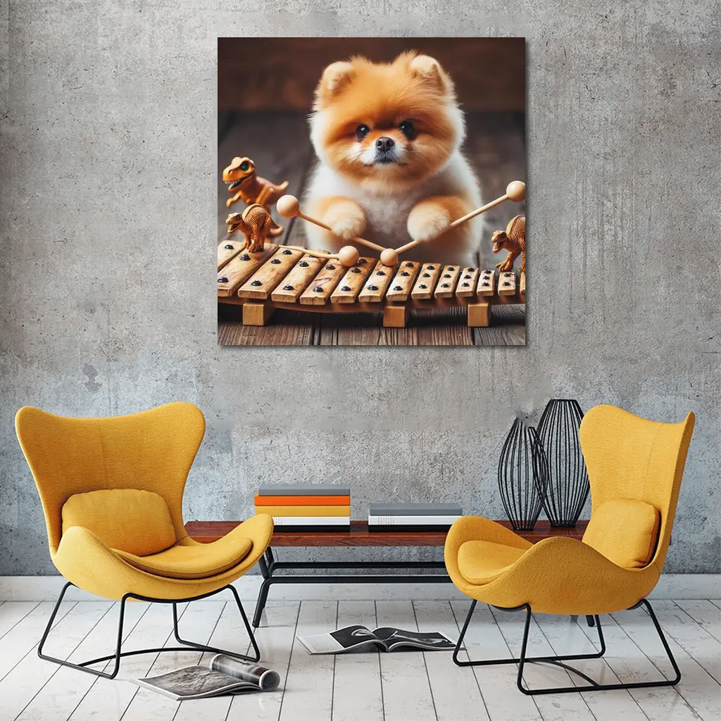 Pomeranian Playing Xylophone With Dinosaur Toys – Wall Art
