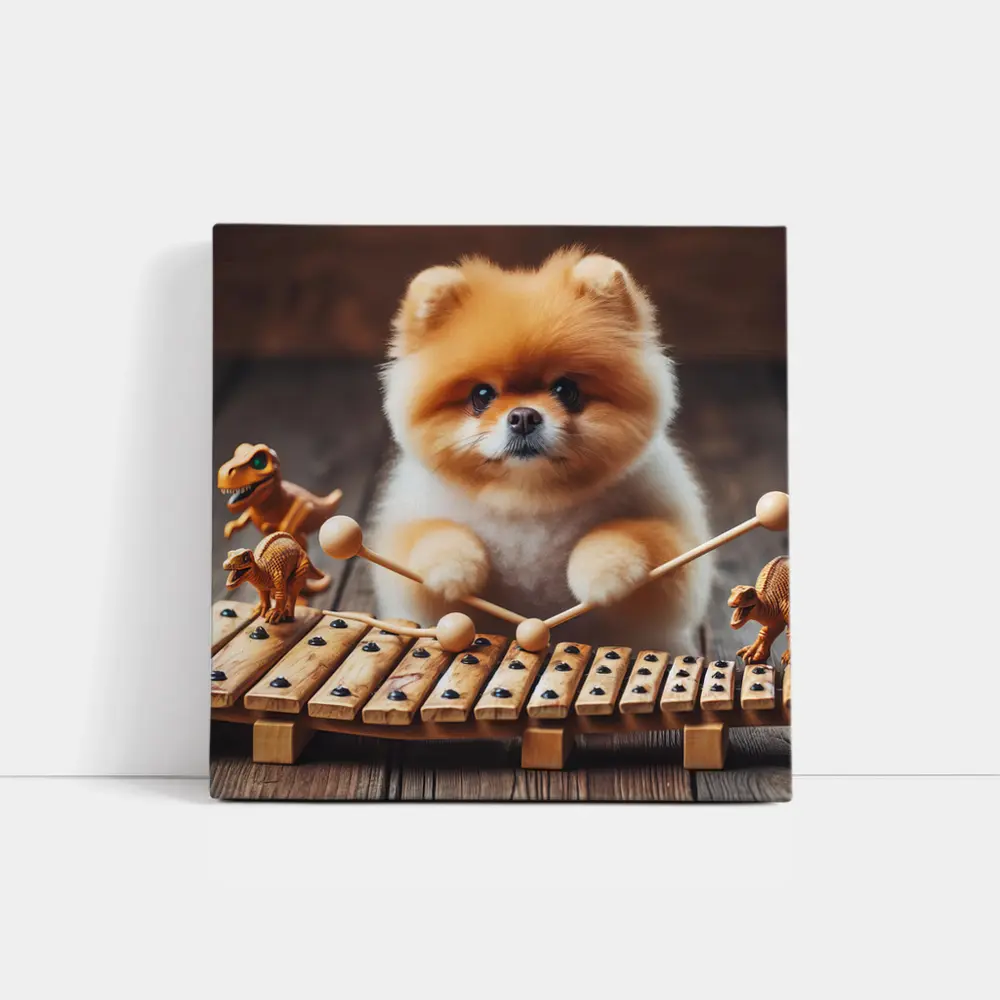 Pomeranian Playing Xylophone With Dinosaur Toys – Wall Art