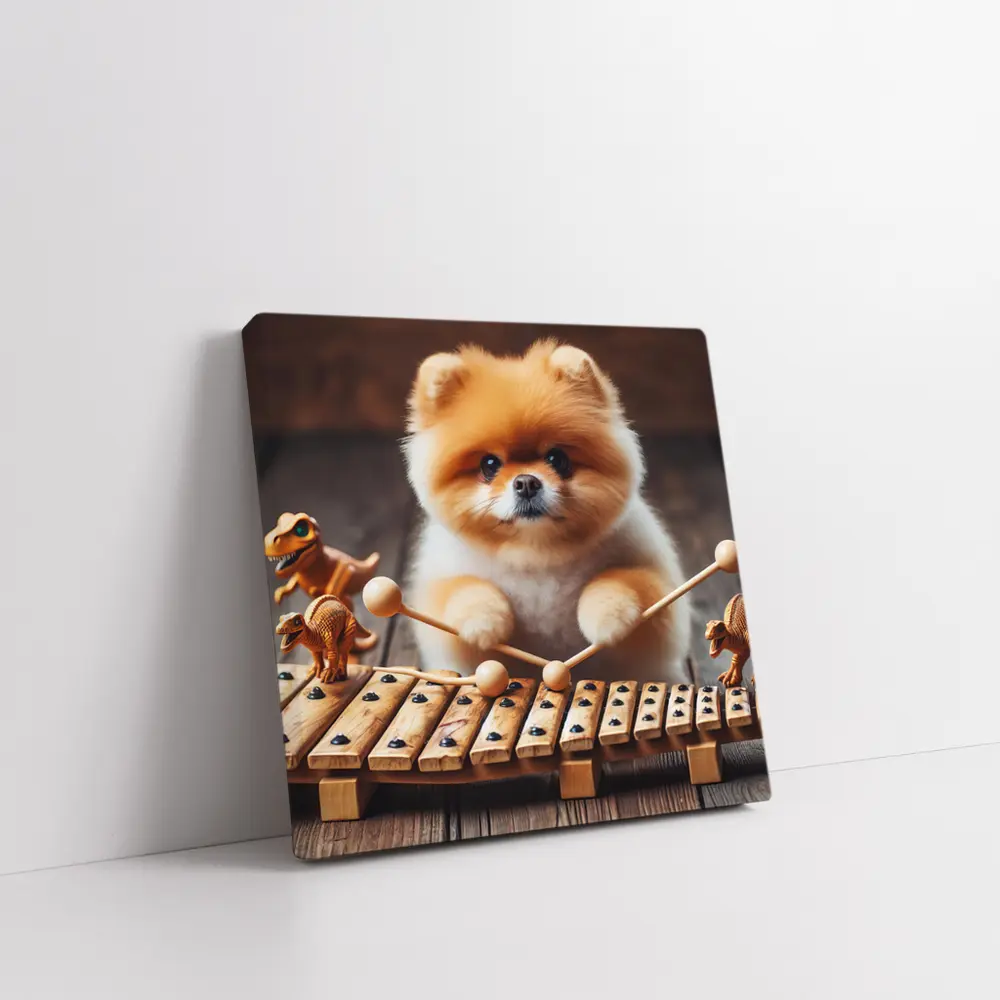 Pomeranian Playing Xylophone With Dinosaur Toys – Wall Art