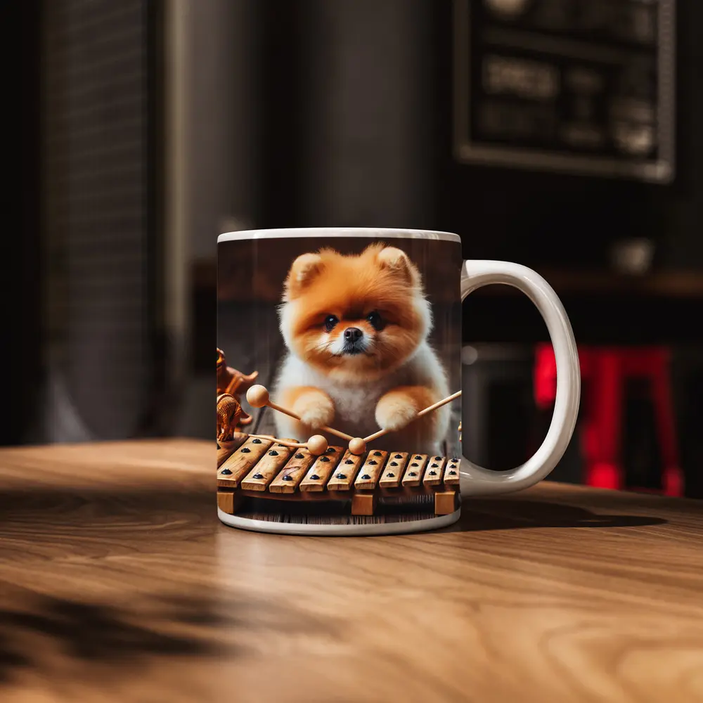 Pomeranian Playing Xylophone With Dinosaur Toys – Mugs