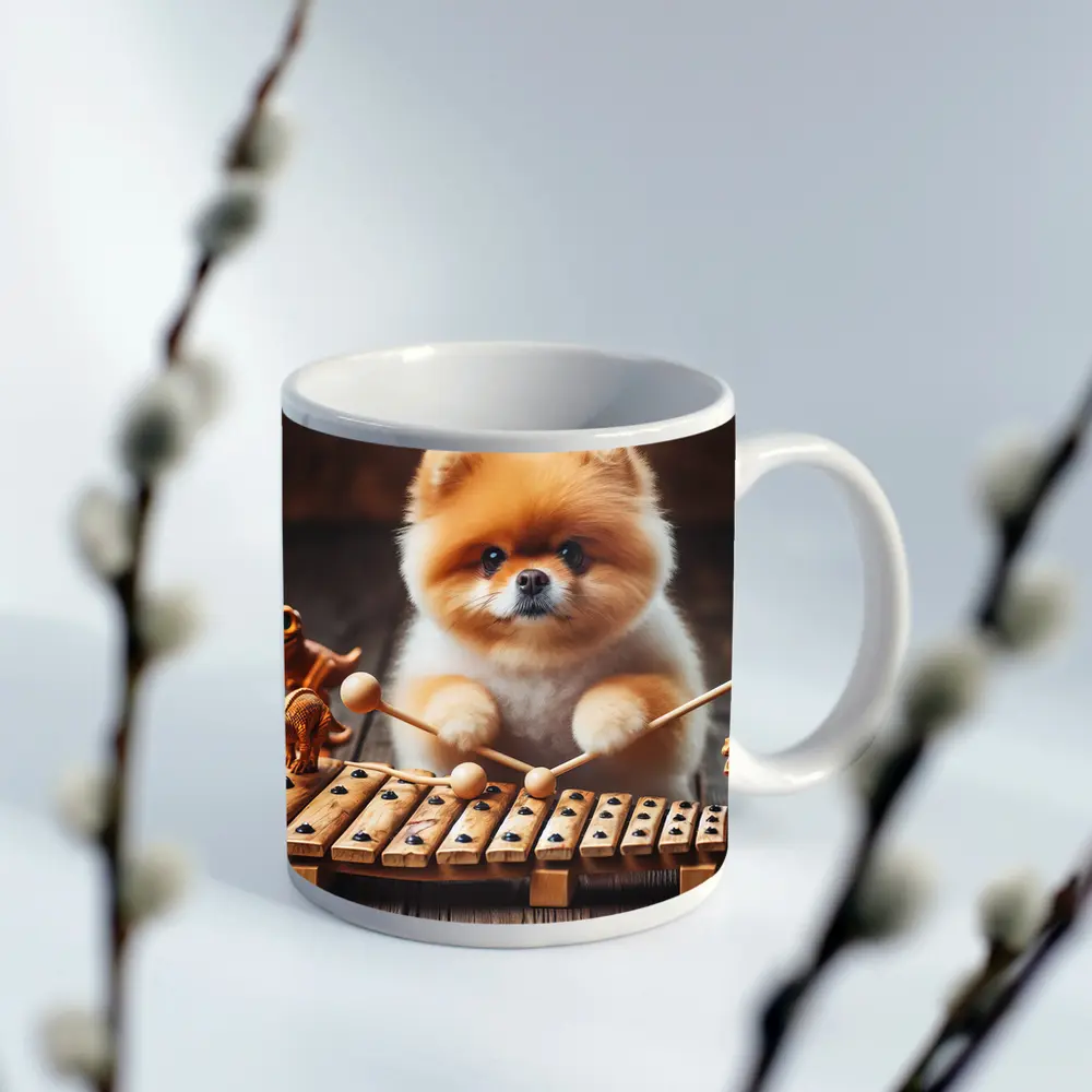 Pomeranian Playing Xylophone With Dinosaur Toys – Mugs