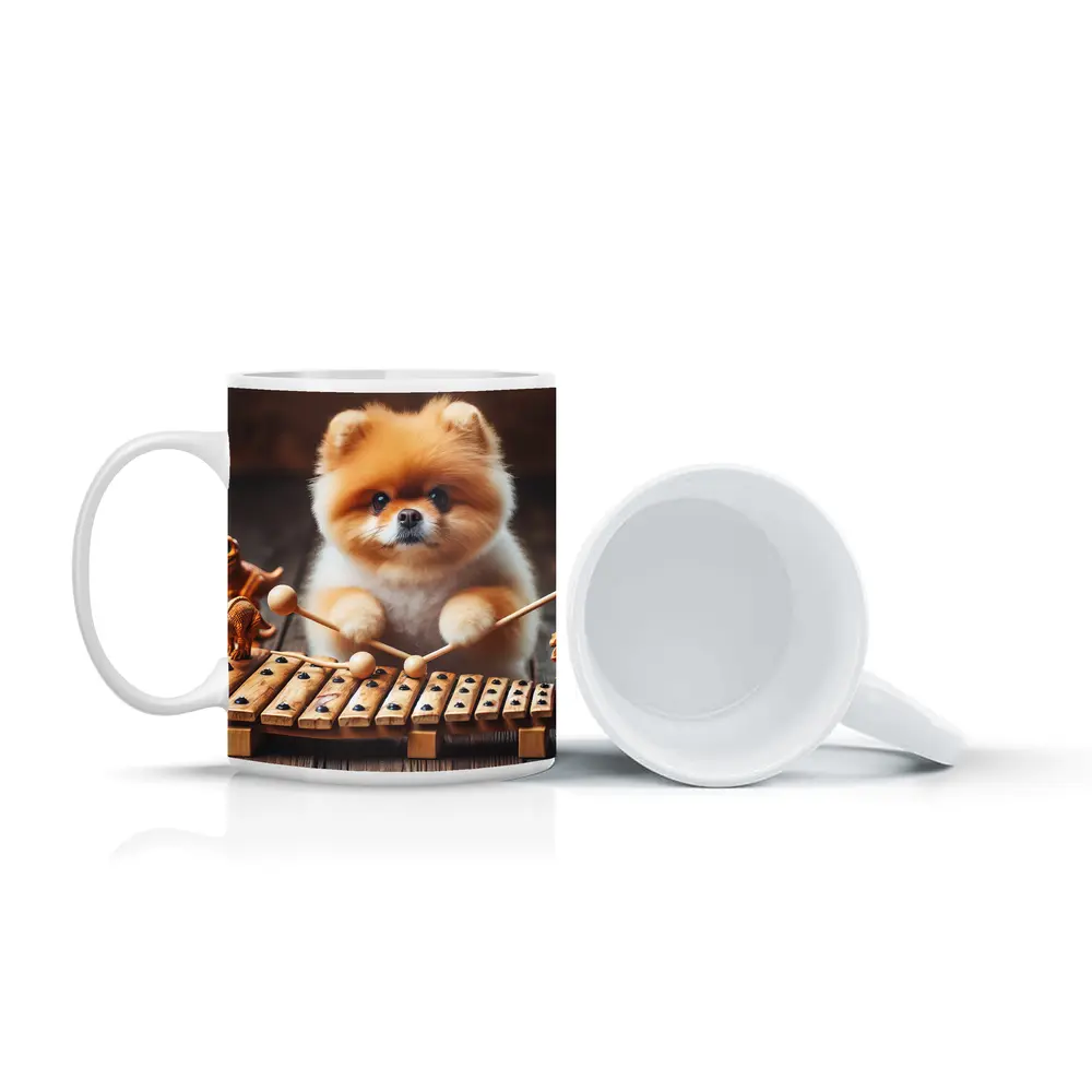 Pomeranian Playing Xylophone With Dinosaur Toys – Mugs