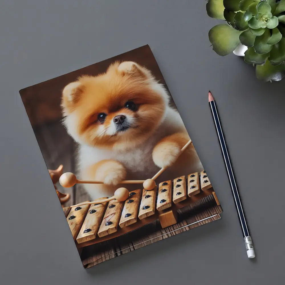 Pomeranian Playing Xylophone With Dinosaur Toys – Notebooks