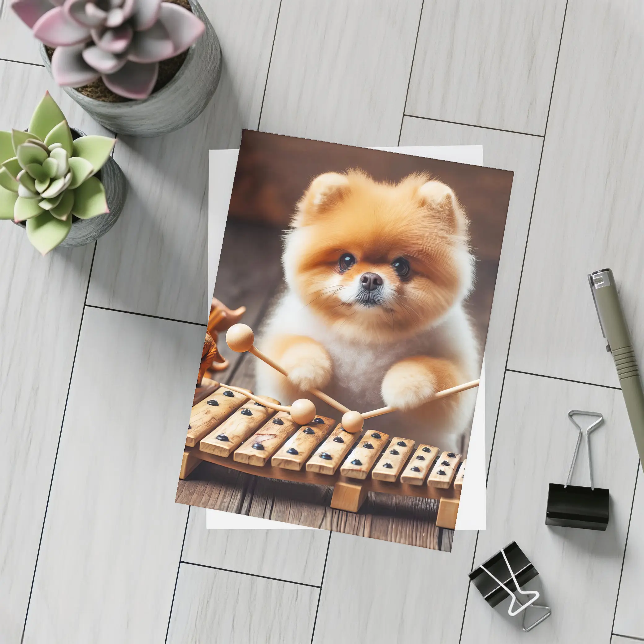 Pomeranian Playing Xylophone With Dinosaur Toys – Postcards