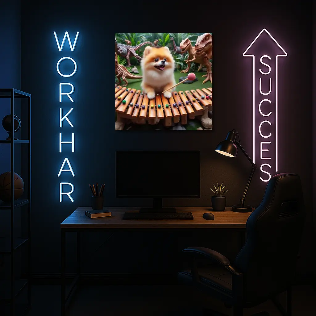 Pomeranian Playing Xylophone With Dinosaurs – Wall Art
