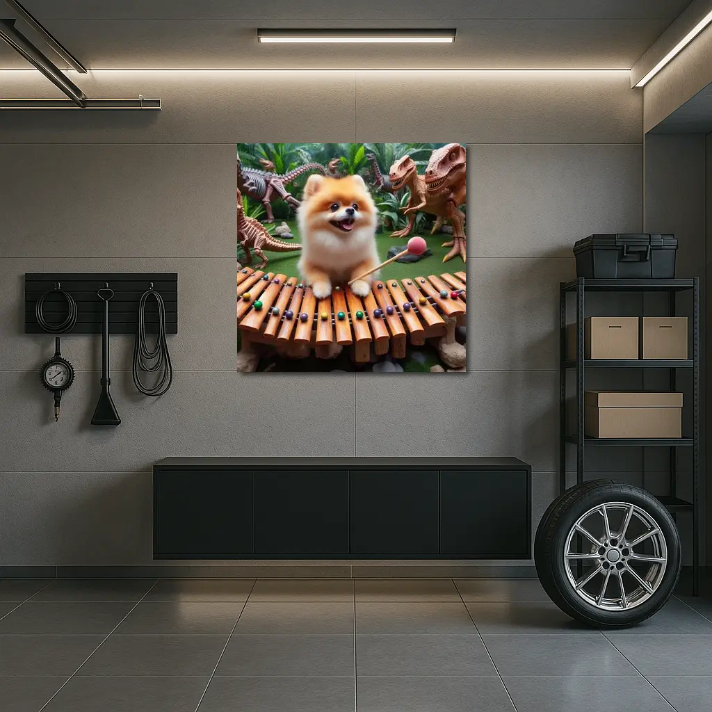 Pomeranian Playing Xylophone With Dinosaurs – Wall Art