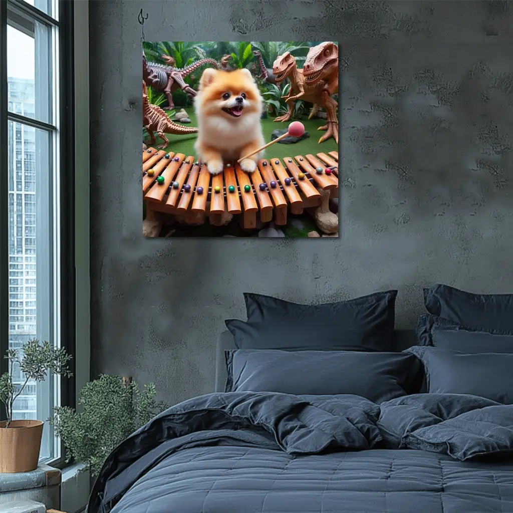 Pomeranian Playing Xylophone With Dinosaurs – Wall Art