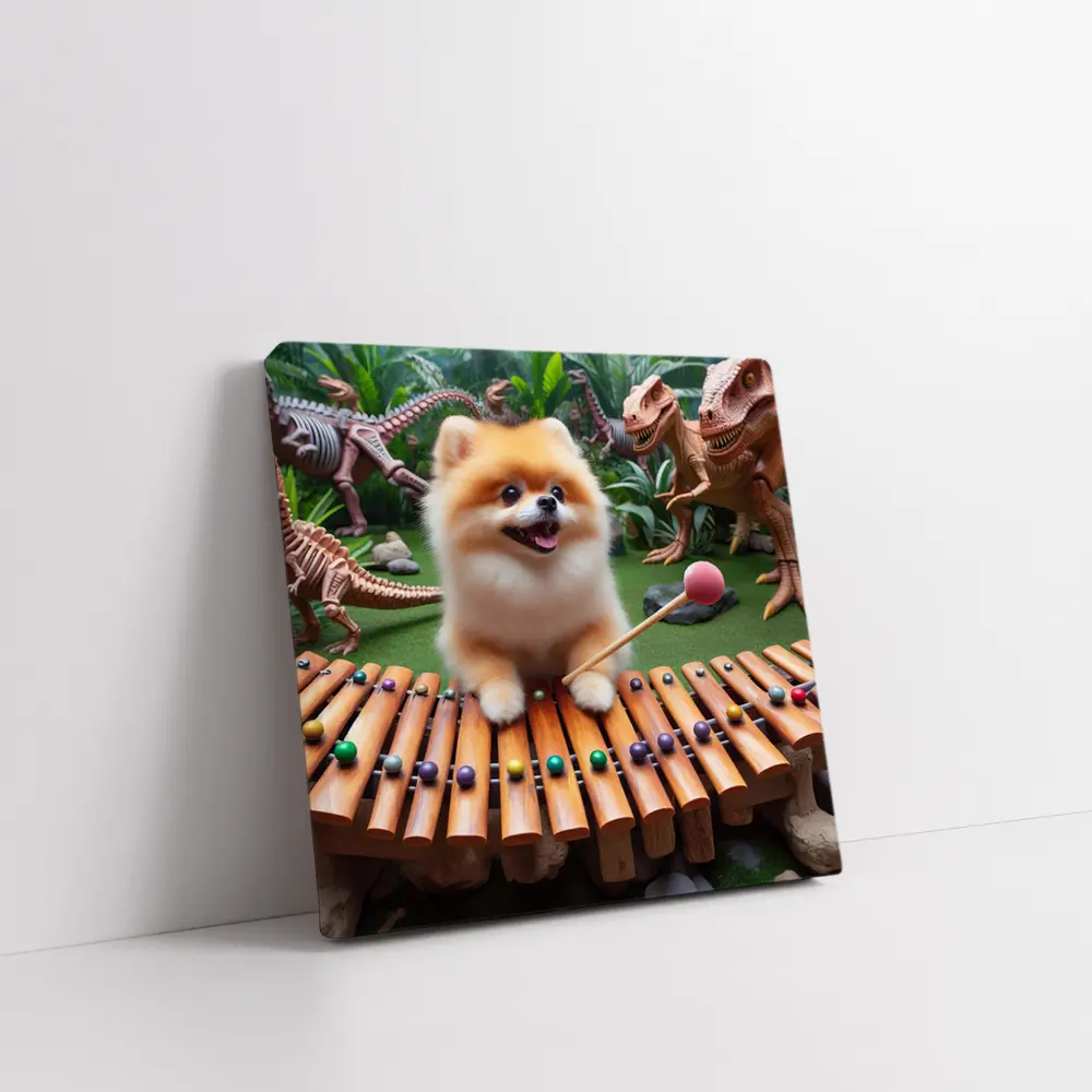 Pomeranian Playing Xylophone With Dinosaurs – Wall Art