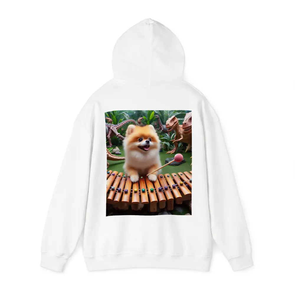 Pomeranian Playing Xylophone With Dinosaurs – Hoodies