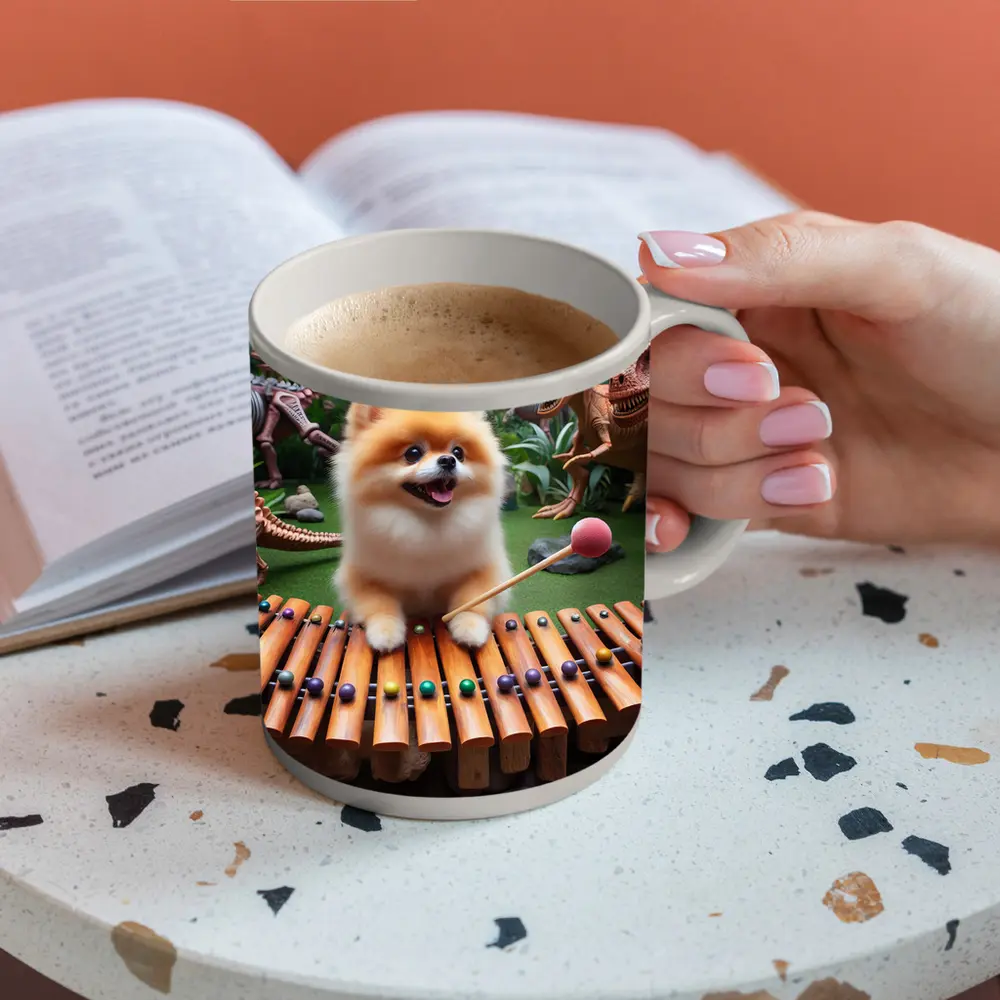 Pomeranian Playing Xylophone With Dinosaurs – Mugs