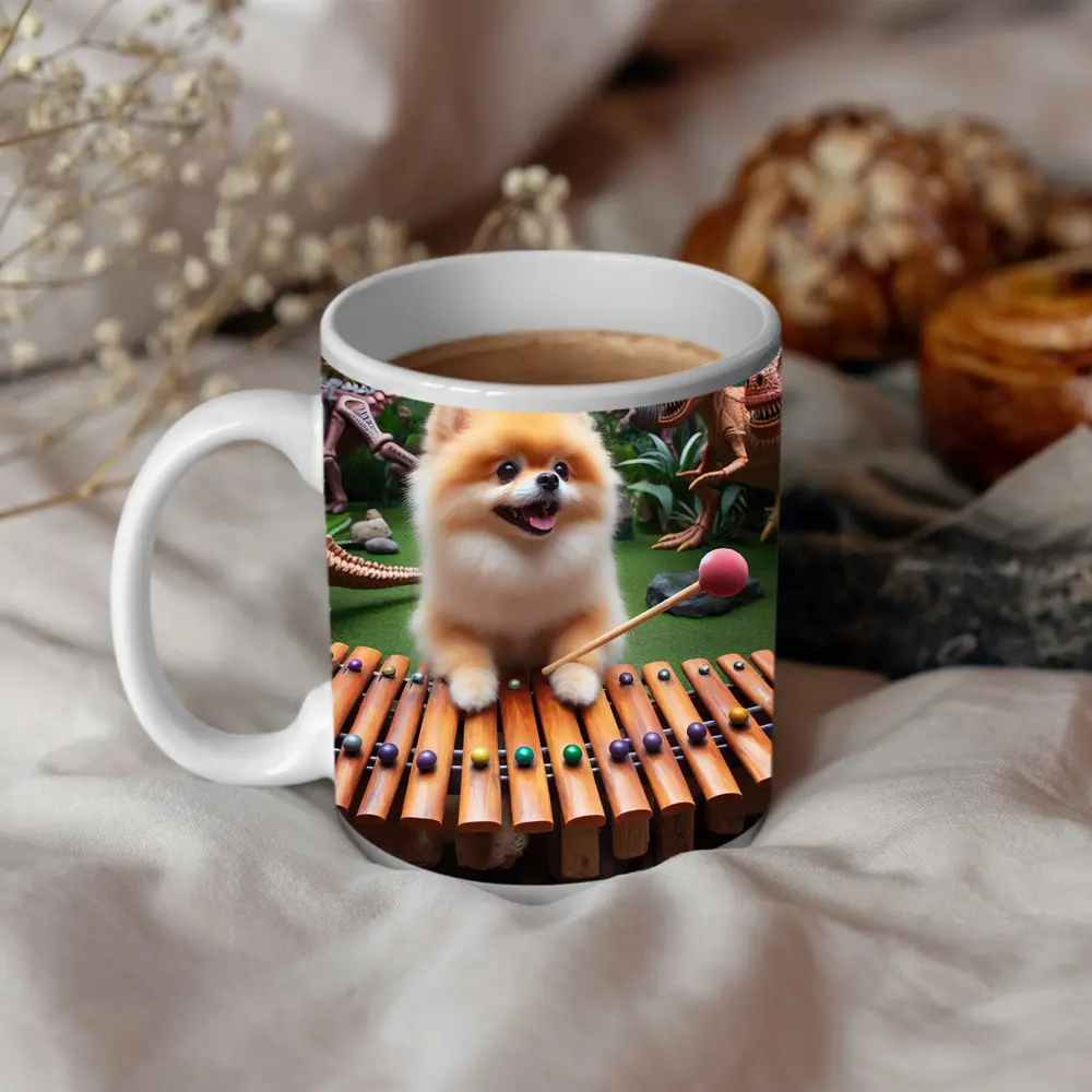 Pomeranian Playing Xylophone With Dinosaurs – Mugs