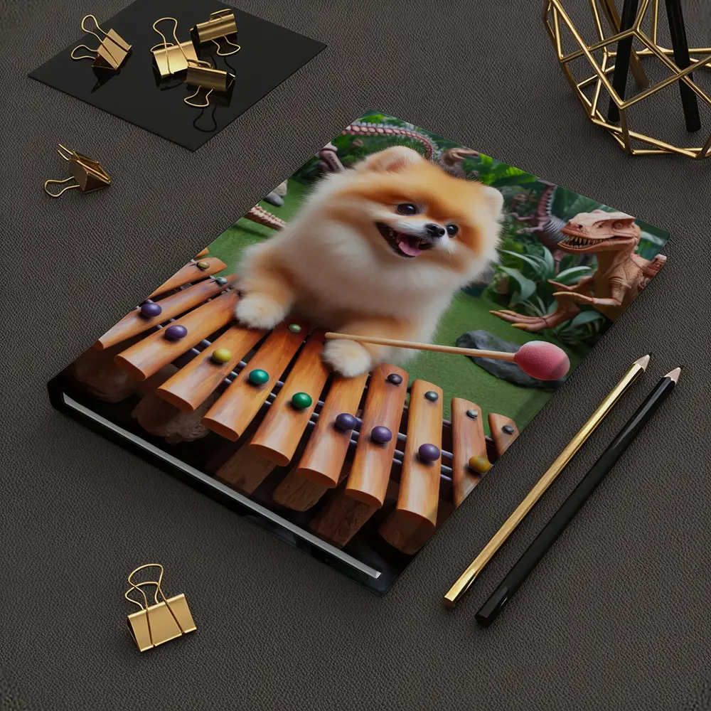 Pomeranian Playing Xylophone With Dinosaurs – Notebooks