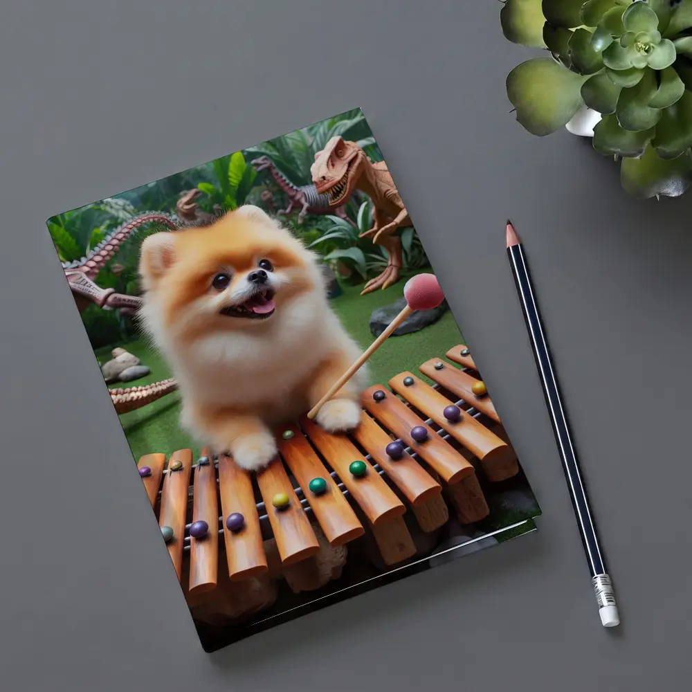 Pomeranian Playing Xylophone With Dinosaurs – Notebooks