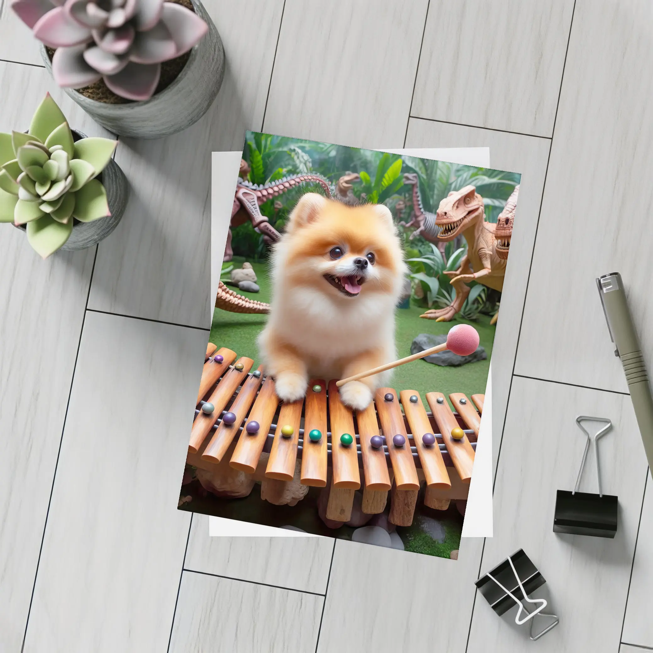 Pomeranian Playing Xylophone With Dinosaurs – Postcards