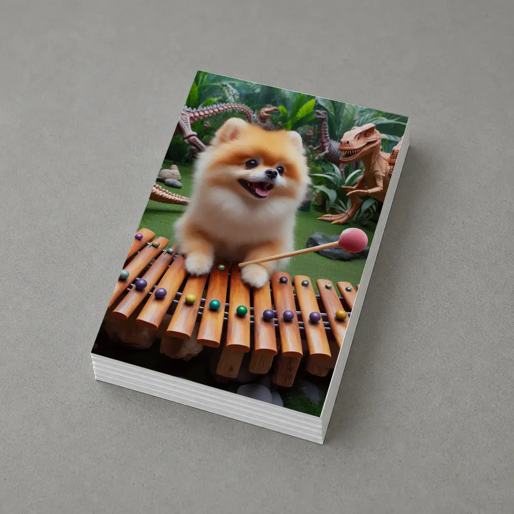 Pomeranian Playing Xylophone With Dinosaurs – Postcards
