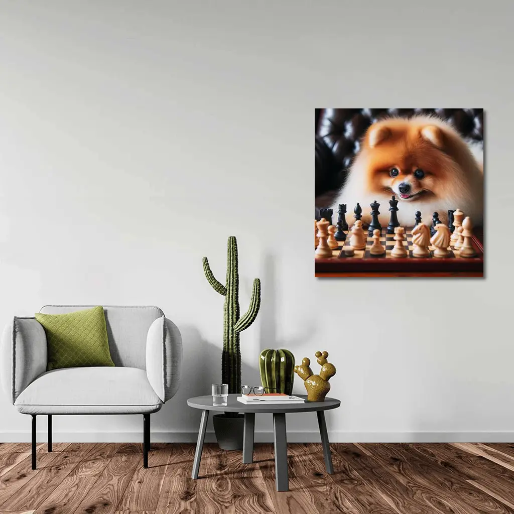 Pomeranian Dog Playing Chess Board Game – Wall Art