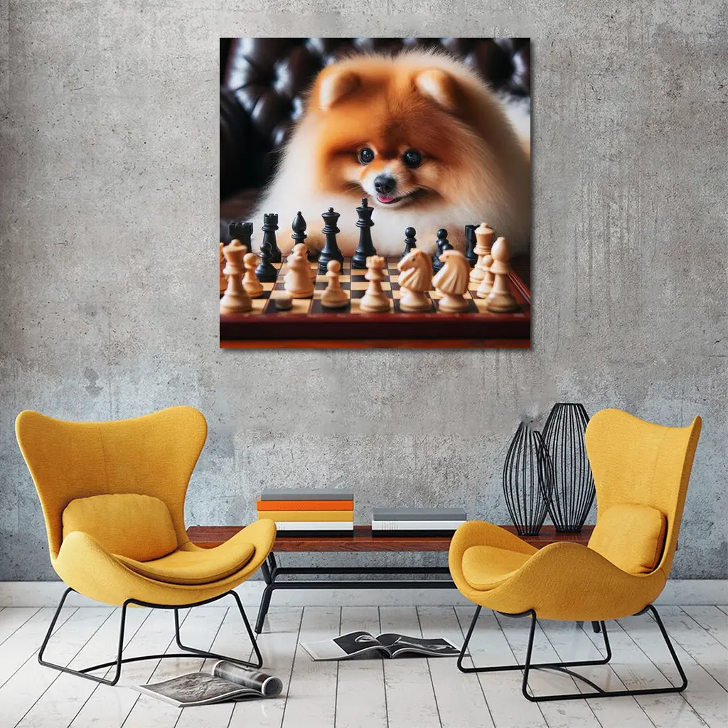 Pomeranian Dog Playing Chess Board Game – Wall Art