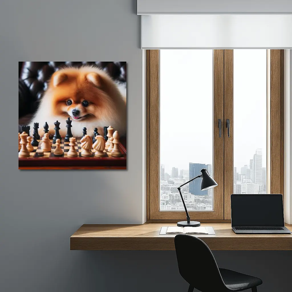 Pomeranian Dog Playing Chess Board Game – Wall Art