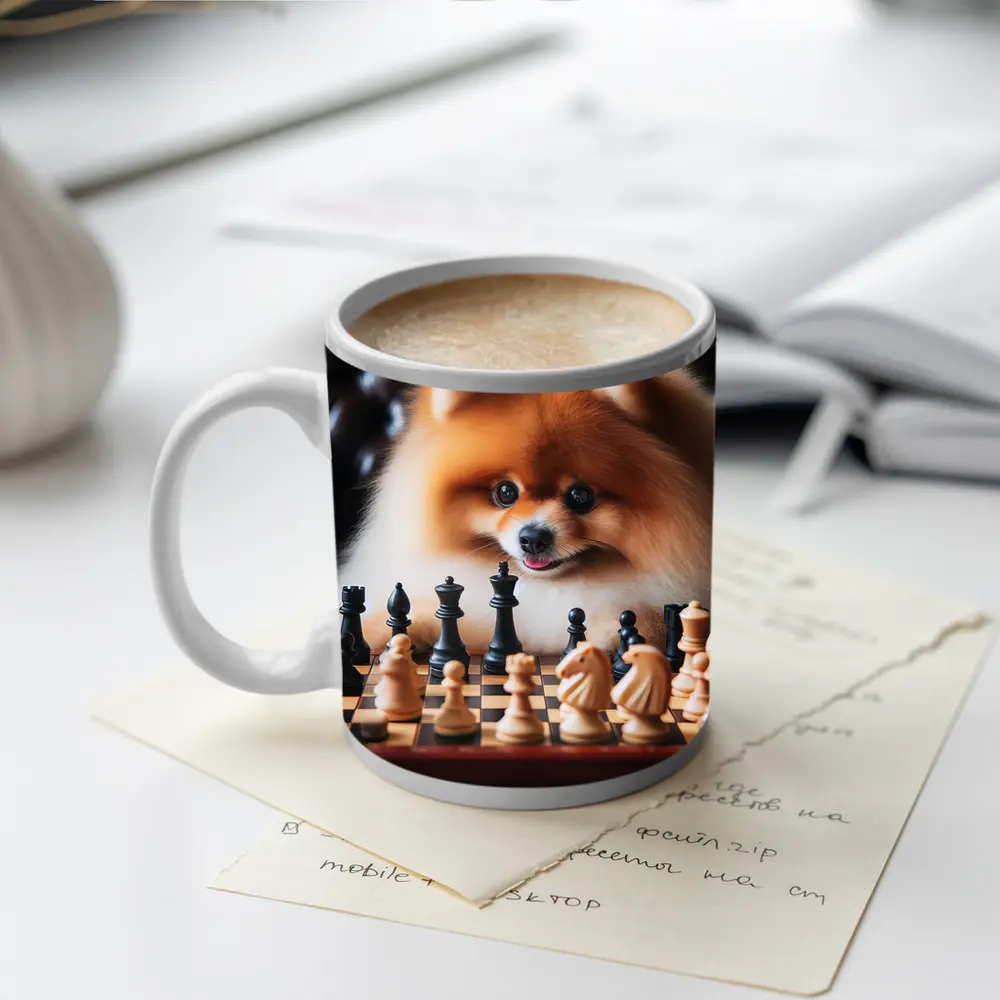 Pomeranian Dog Playing Chess Board Game – Mugs