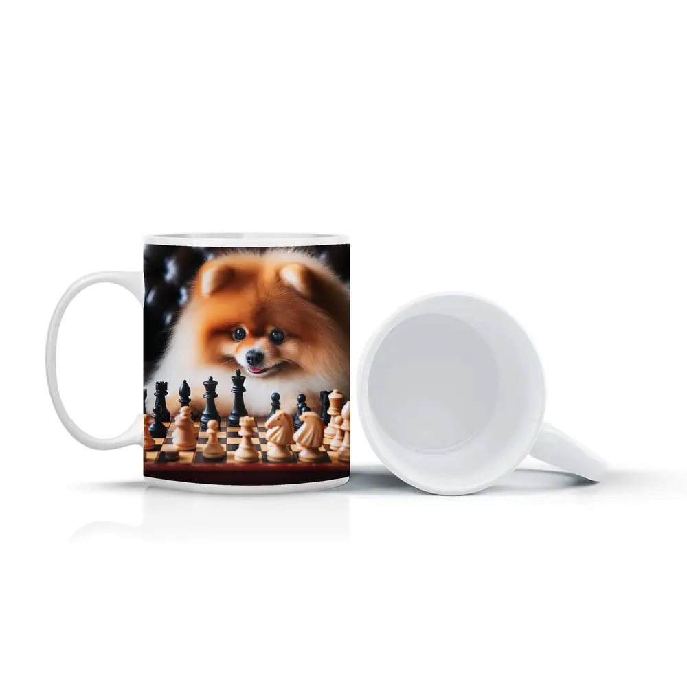 Pomeranian Dog Playing Chess Board Game – Mugs