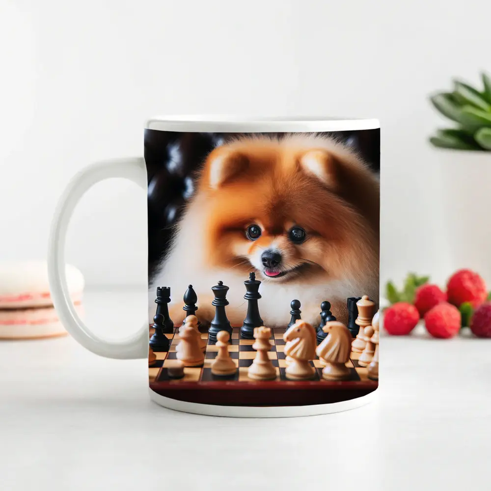 Pomeranian Dog Playing Chess Board Game – Mugs
