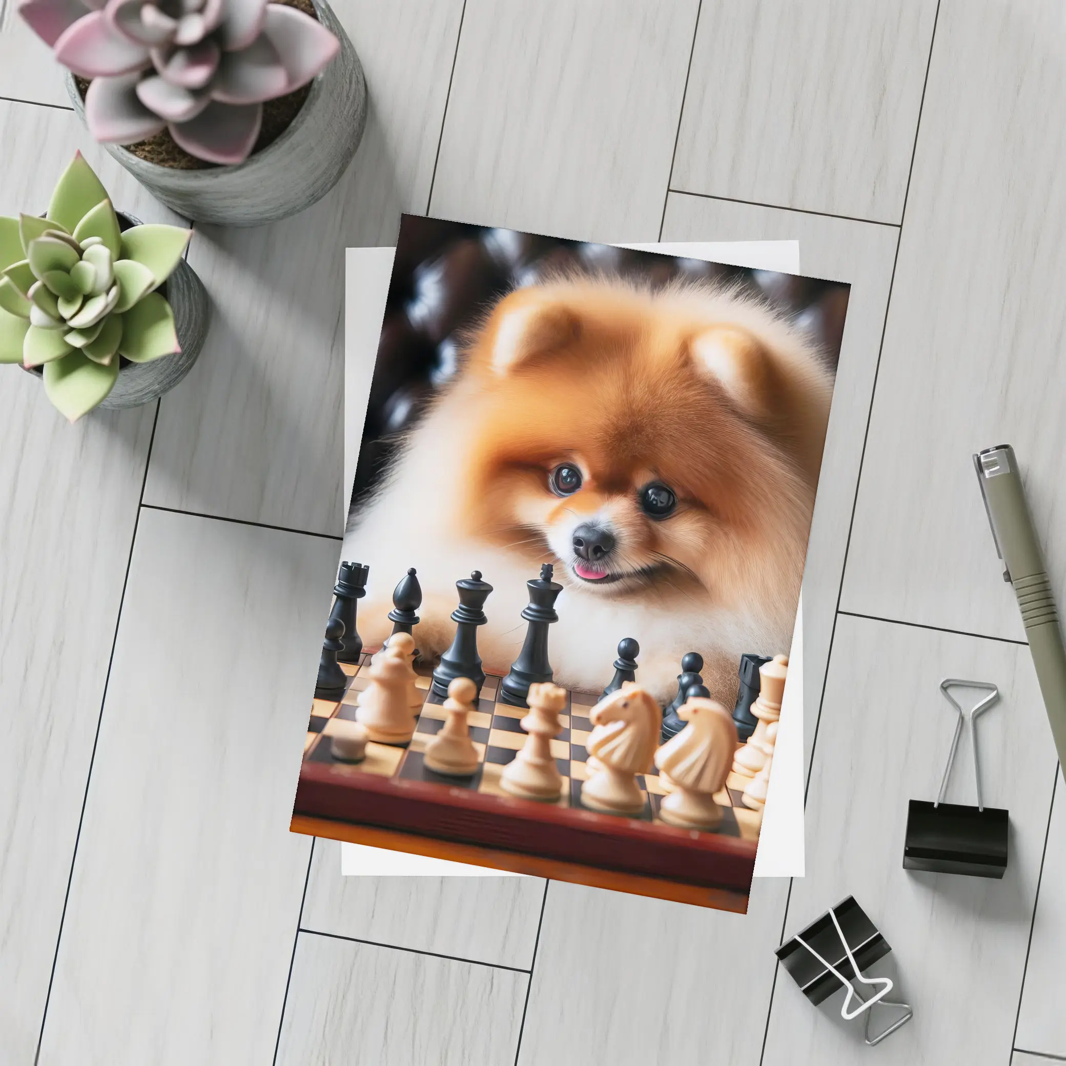 Pomeranian Dog Playing Chess Board Game – Postcards