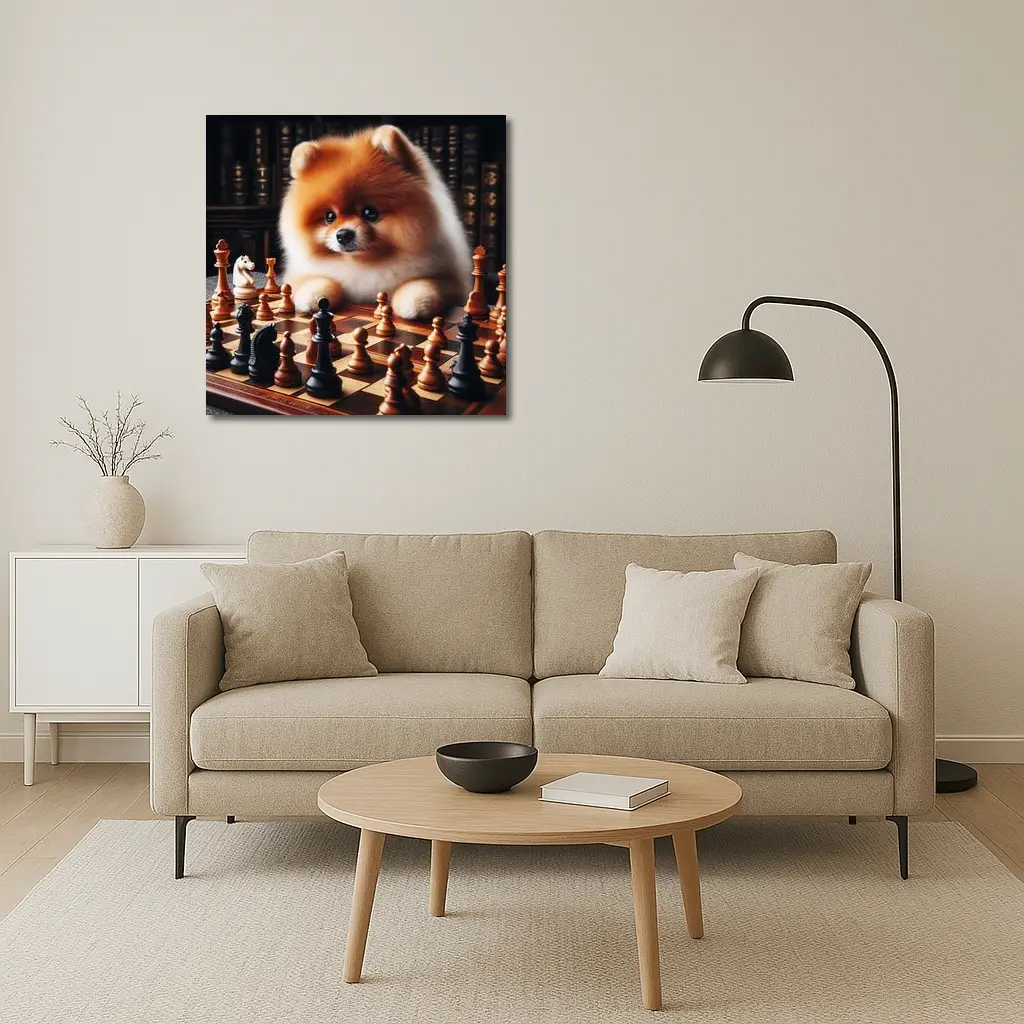 Pomeranian Dog Playing Chess Library Background – Wall Art