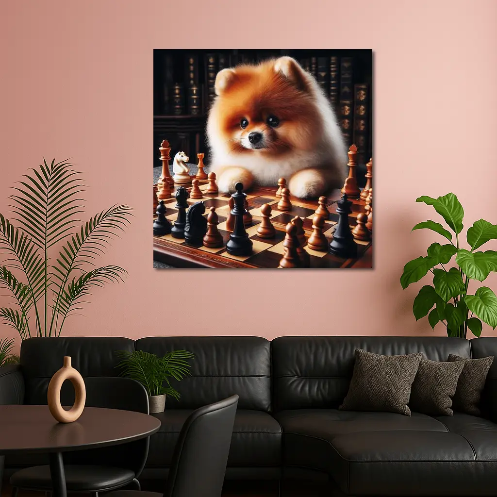 Pomeranian Dog Playing Chess Library Background – Wall Art
