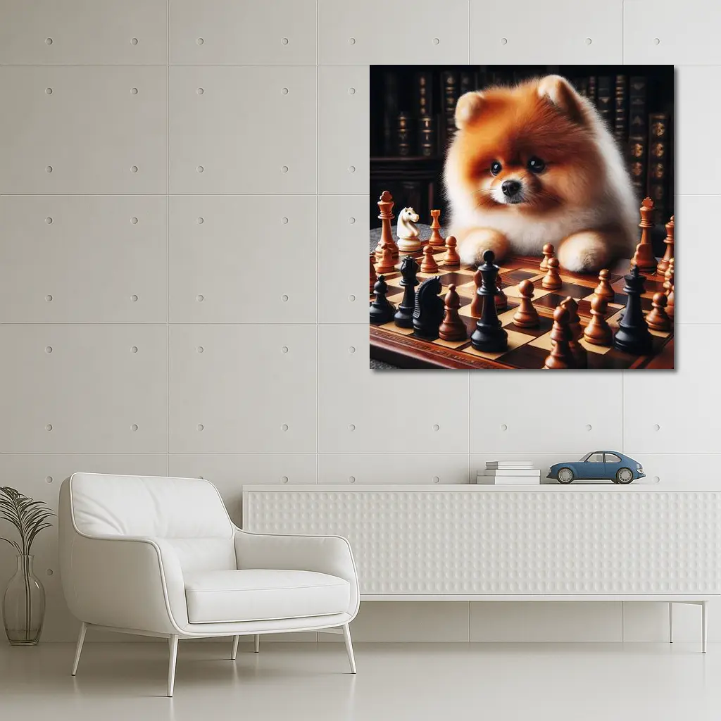 Pomeranian Dog Playing Chess Library Background – Wall Art