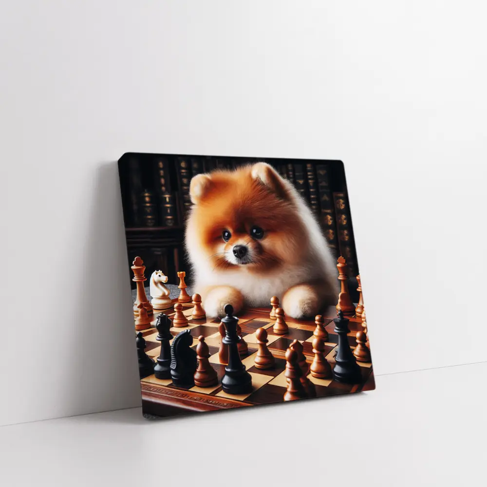 Pomeranian Dog Playing Chess Library Background – Wall Art