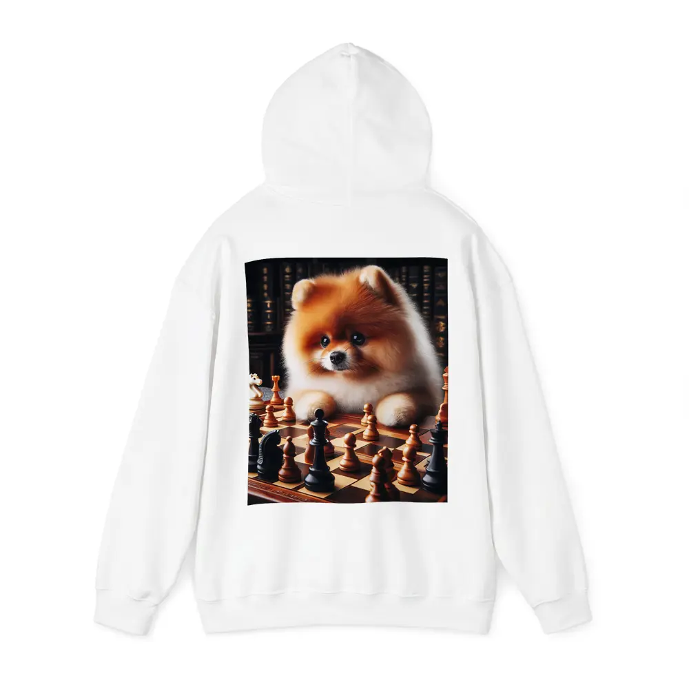 Pomeranian Dog Playing Chess Library Background – Hoodies