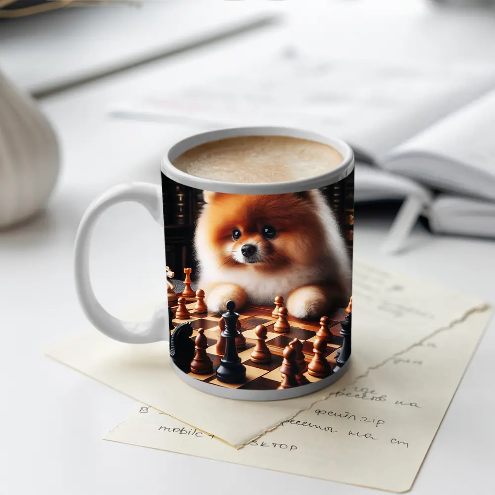 Pomeranian Dog Playing Chess Library Background – Mugs