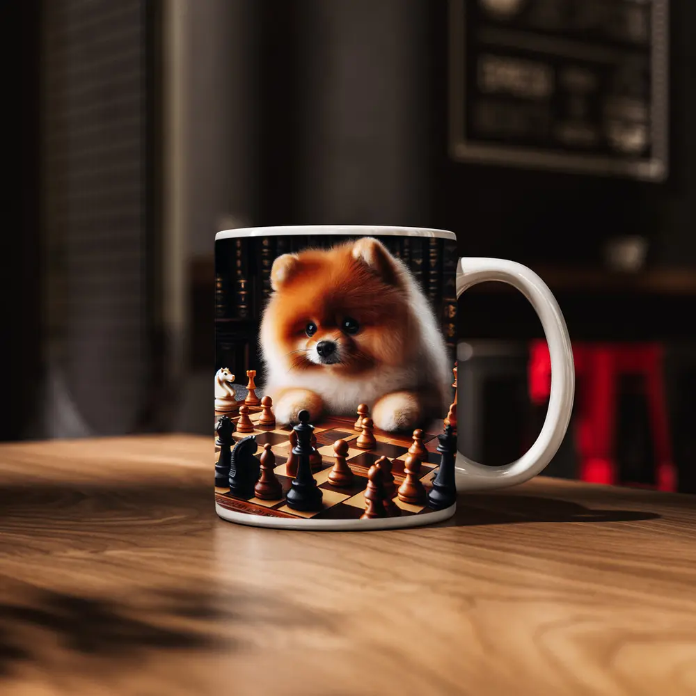Pomeranian Dog Playing Chess Library Background – Mugs