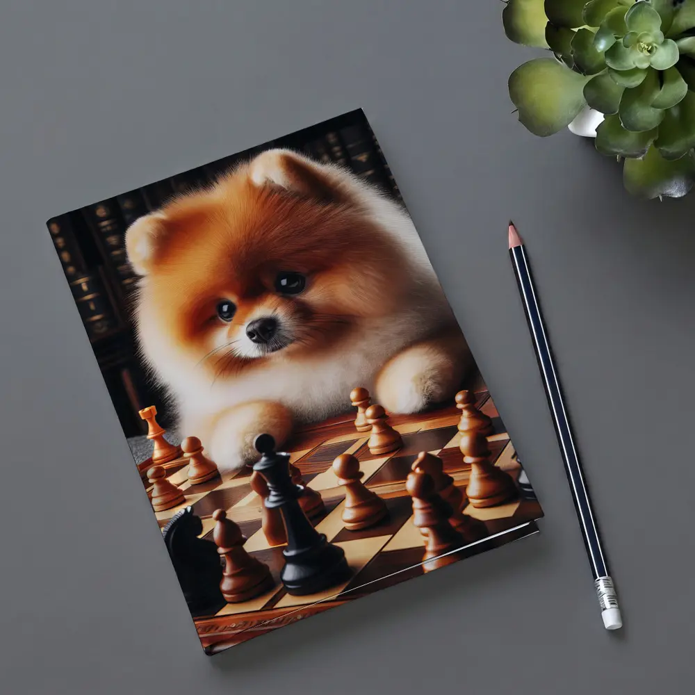 Pomeranian Dog Playing Chess Library Background – Notebooks