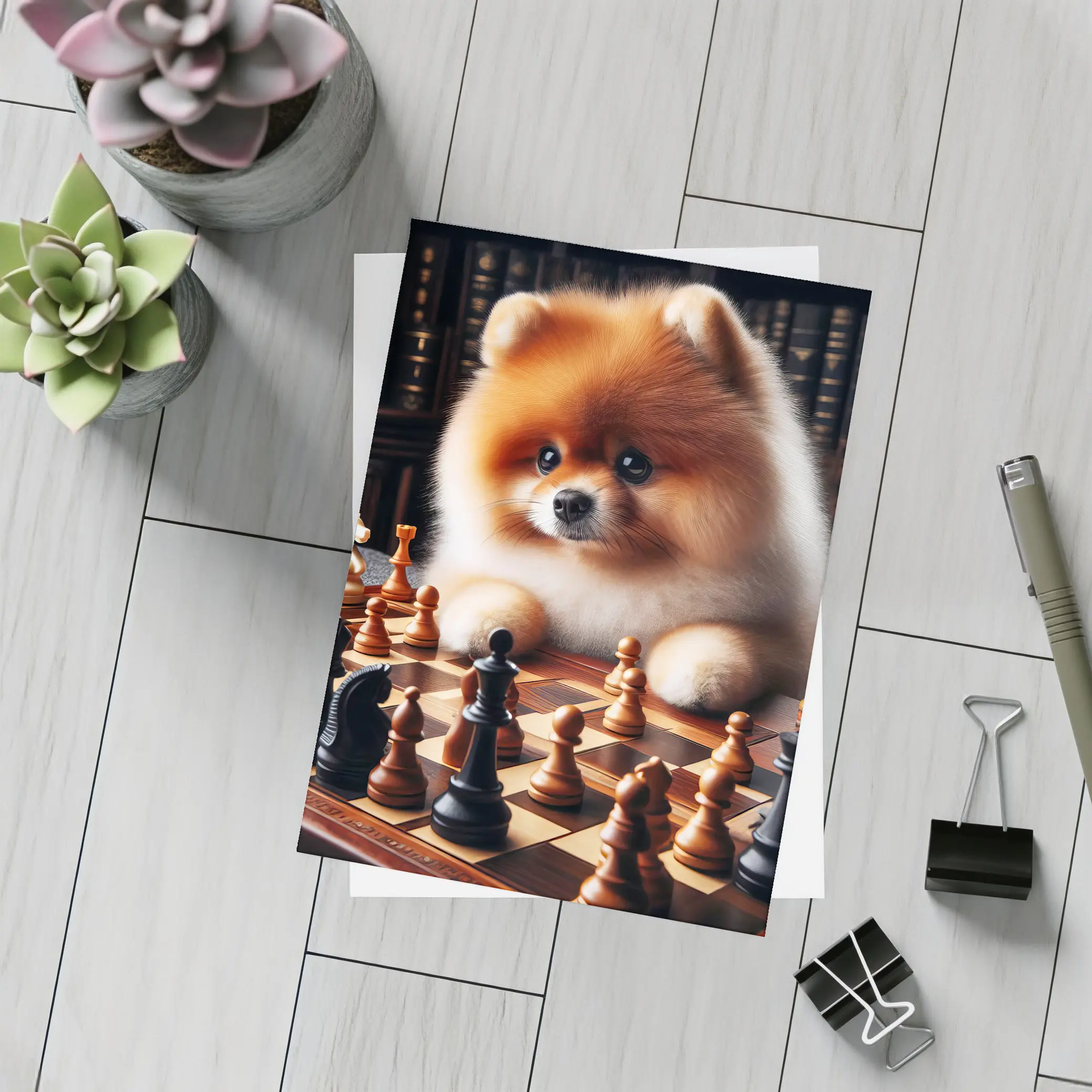 Pomeranian Dog Playing Chess Library Background – Postcards