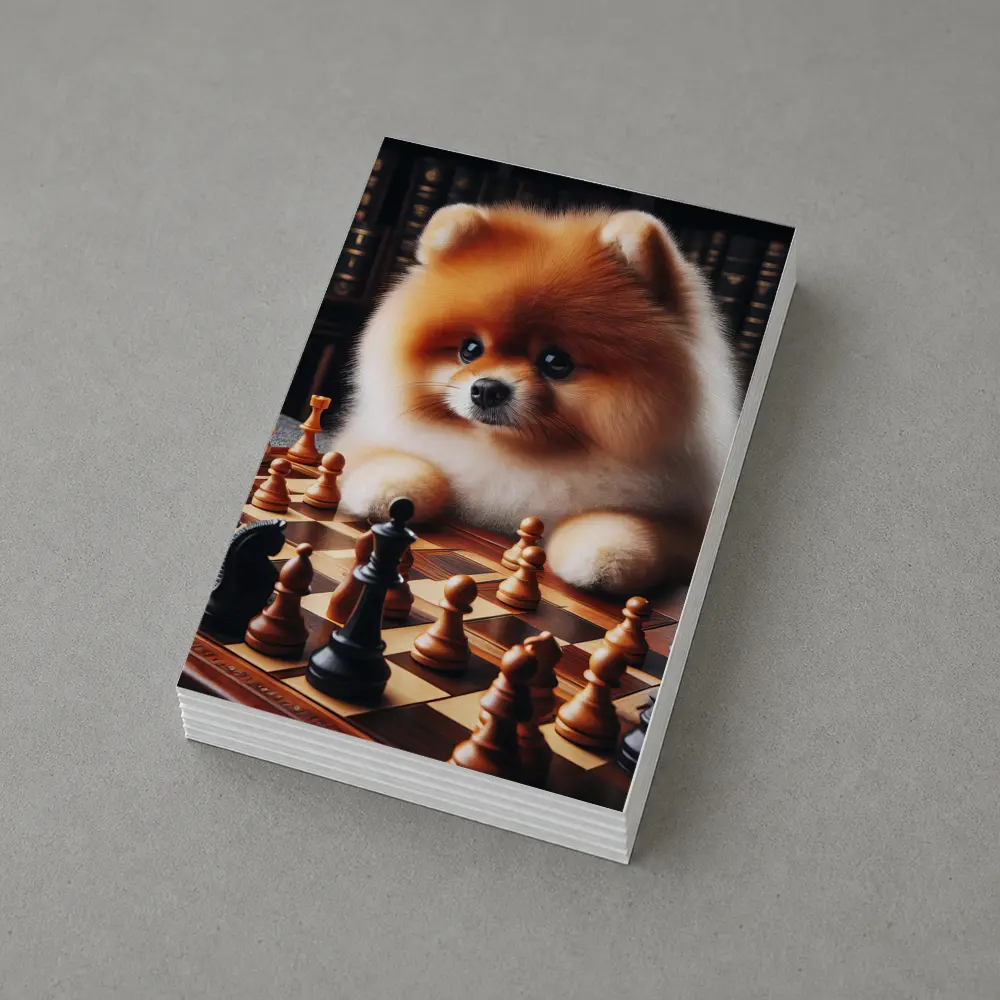 Pomeranian Dog Playing Chess Library Background – Postcards