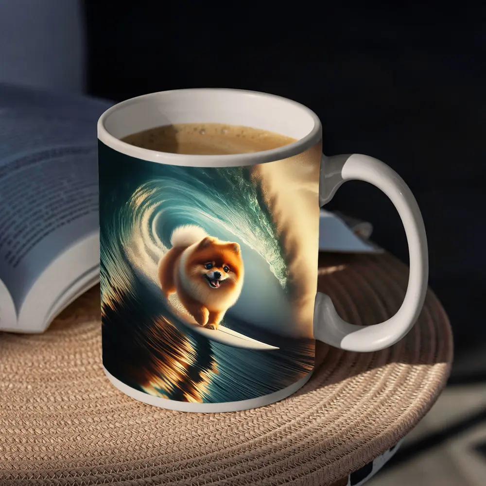 Pomeranian Surfing Barrel Wave Ocean – Mugs
