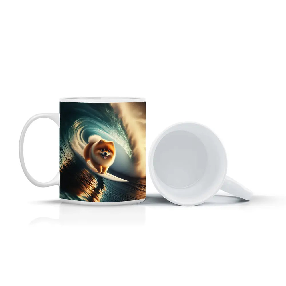 Pomeranian Surfing Barrel Wave Ocean – Mugs