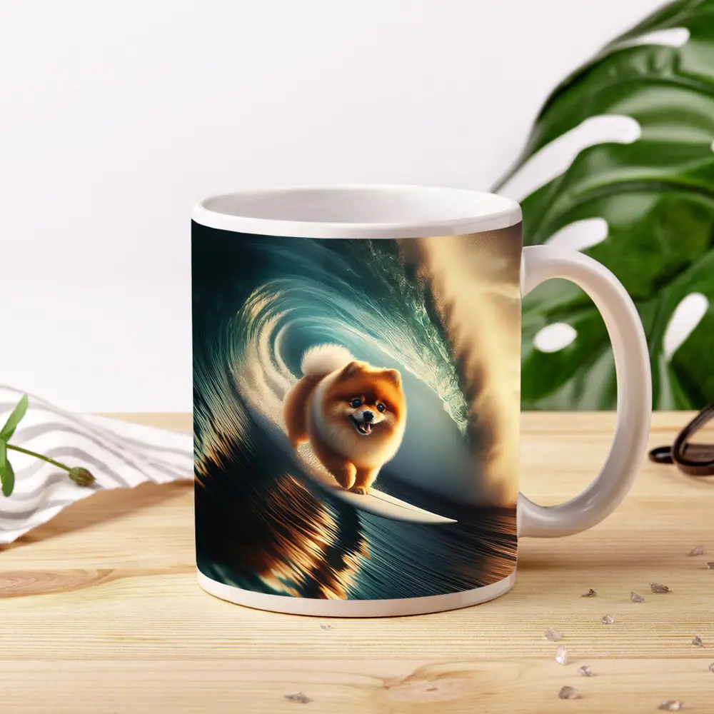 Pomeranian Surfing Barrel Wave Ocean – Mugs