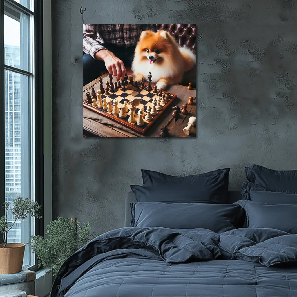 Pomeranian Dog Playing Chess With Man – Wall Art