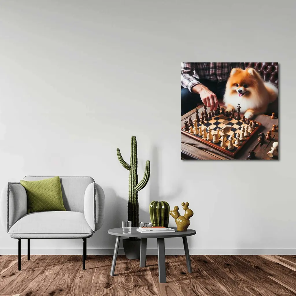 Pomeranian Dog Playing Chess With Man – Wall Art
