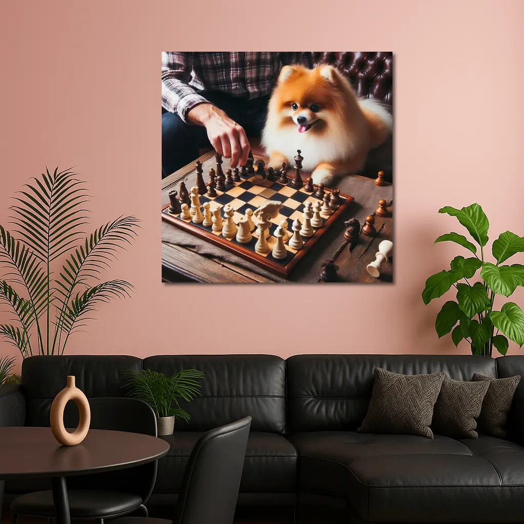 Pomeranian Dog Playing Chess With Man – Wall Art