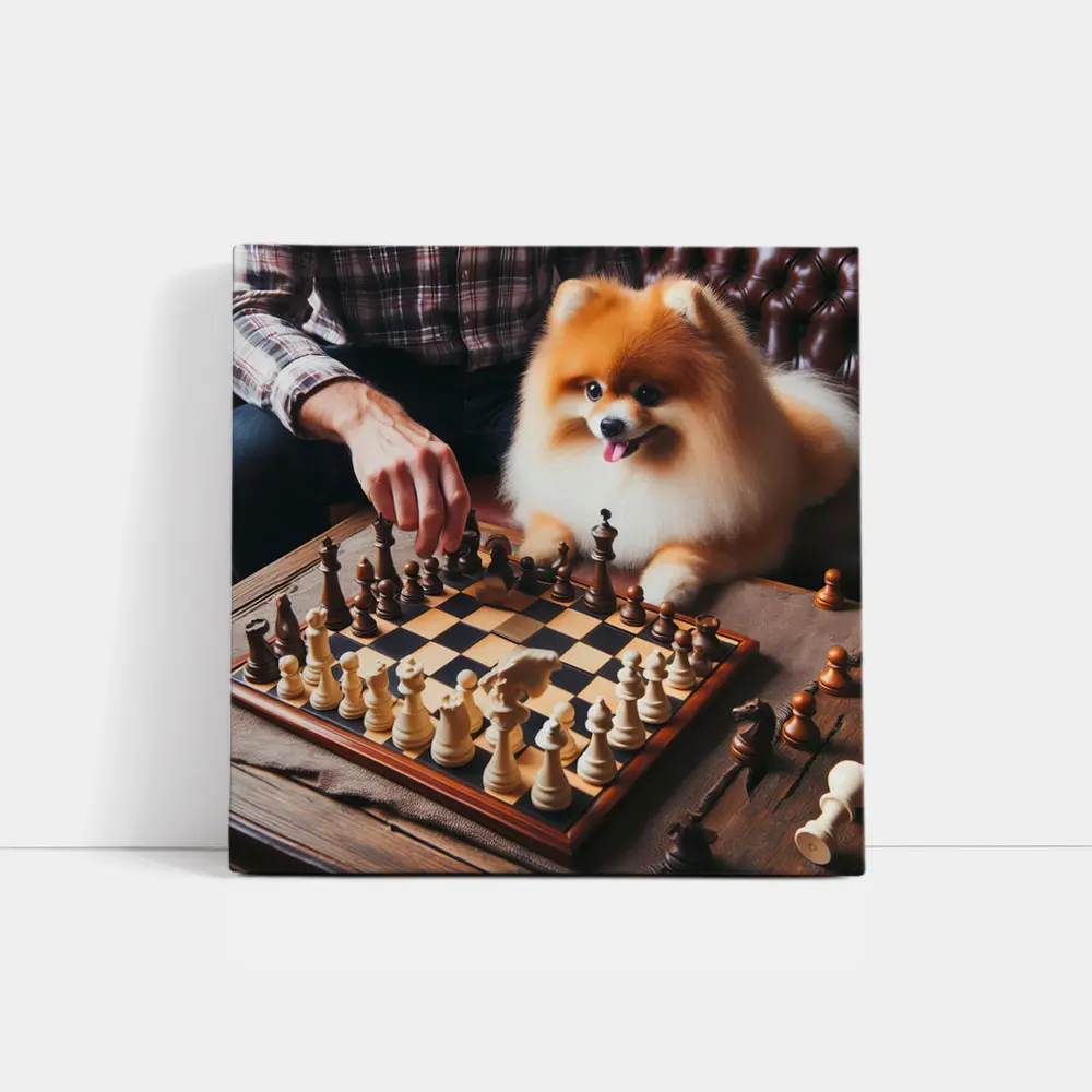 Pomeranian Dog Playing Chess With Man – Wall Art