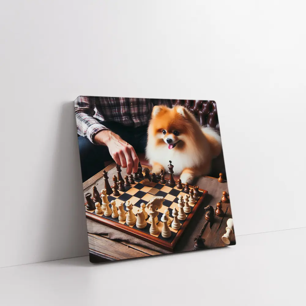 Pomeranian Dog Playing Chess With Man – Wall Art