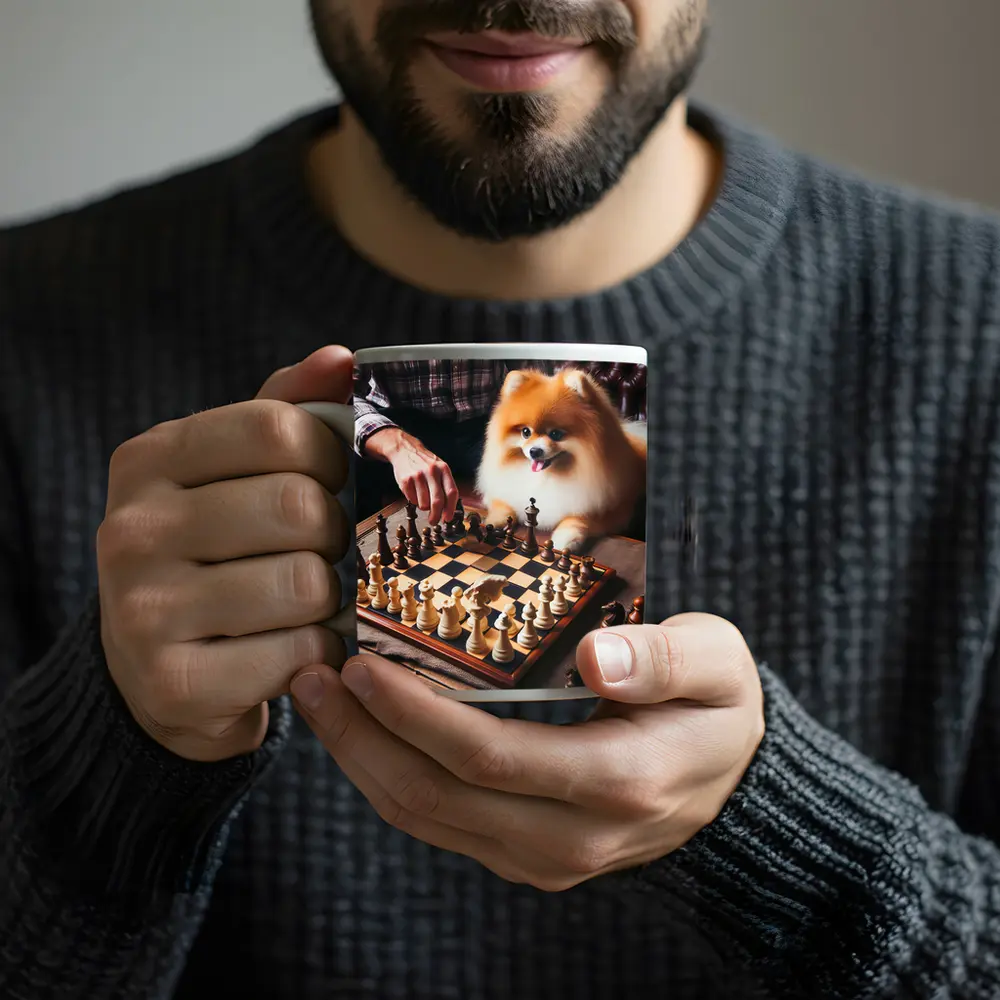 Pomeranian Dog Playing Chess With Man – Mugs