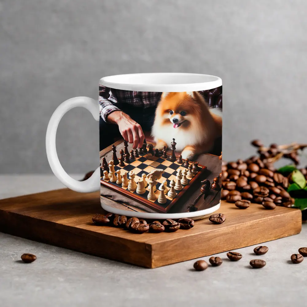 Pomeranian Dog Playing Chess With Man – Mugs