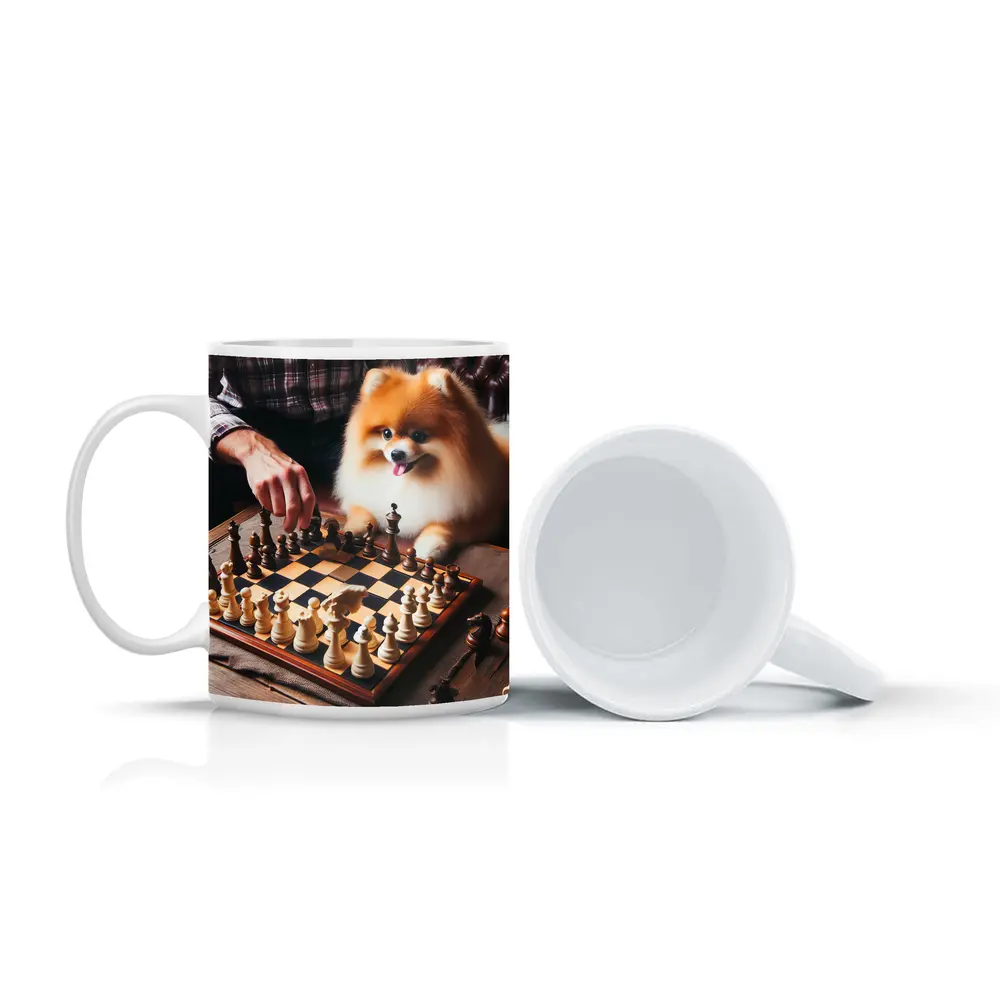 Pomeranian Dog Playing Chess With Man – Mugs